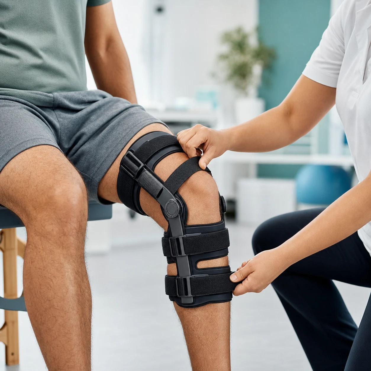 Physiotherapist fitting a hinged knee brace for correct support and sizing
