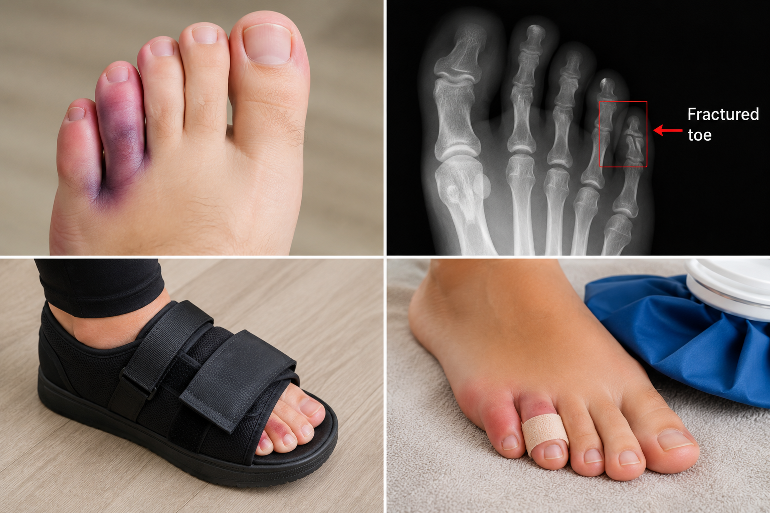 Person with a broken toe wearing a post-operative shoe for support